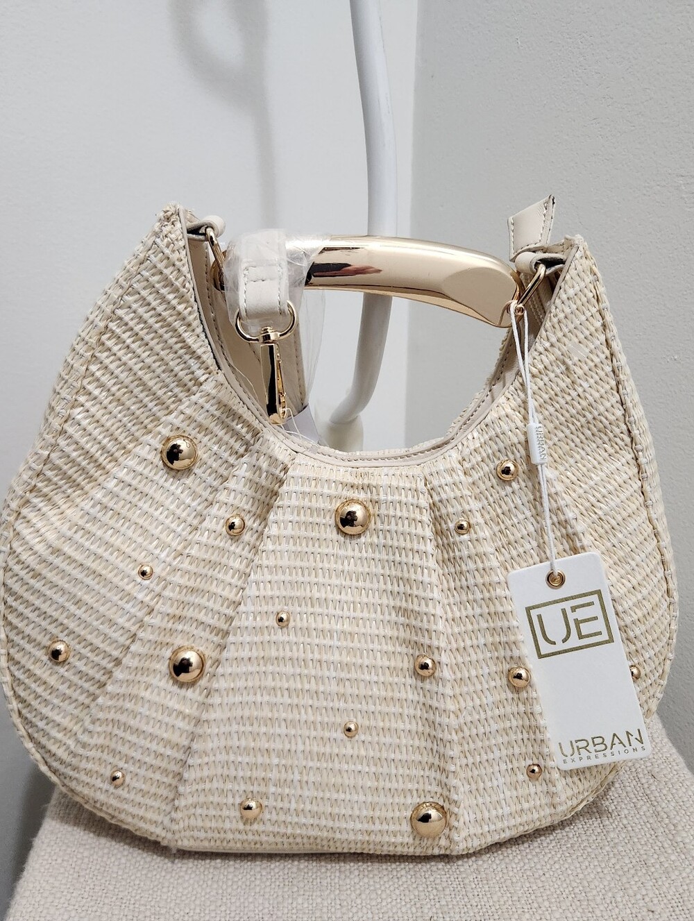 Urban Expressions Cream Woven Hobo Bag with Gold Studs